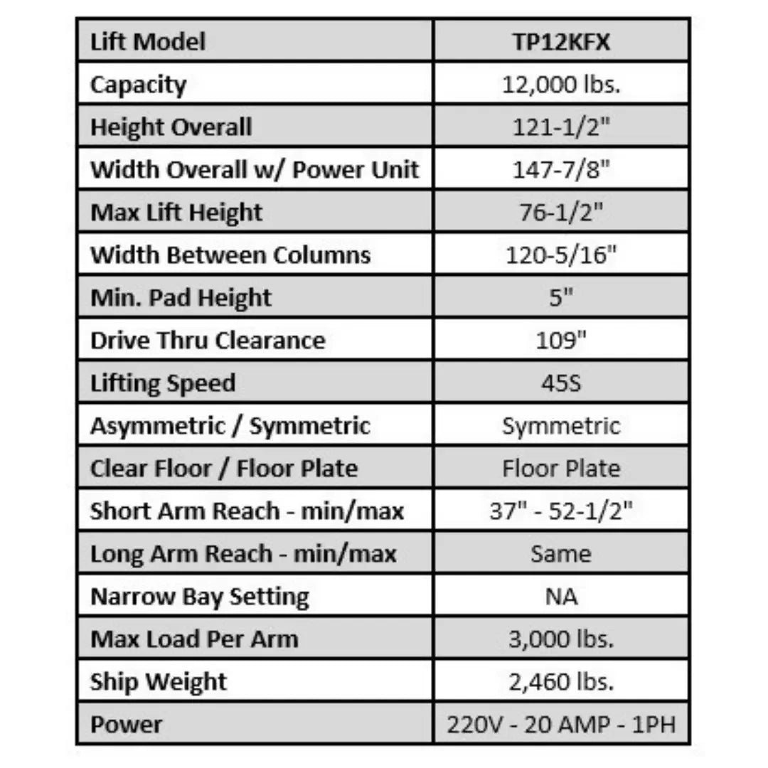 Tuxedo TP12KFX 12,000 lb 2 Post Floor Plate Lift - Image 12